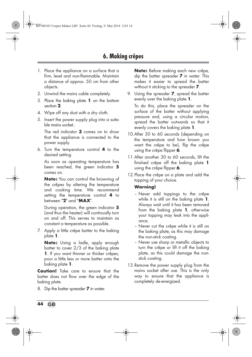 Making crêpes | Silvercrest SCM 1500 A1 User Manual | Page 46 / 66