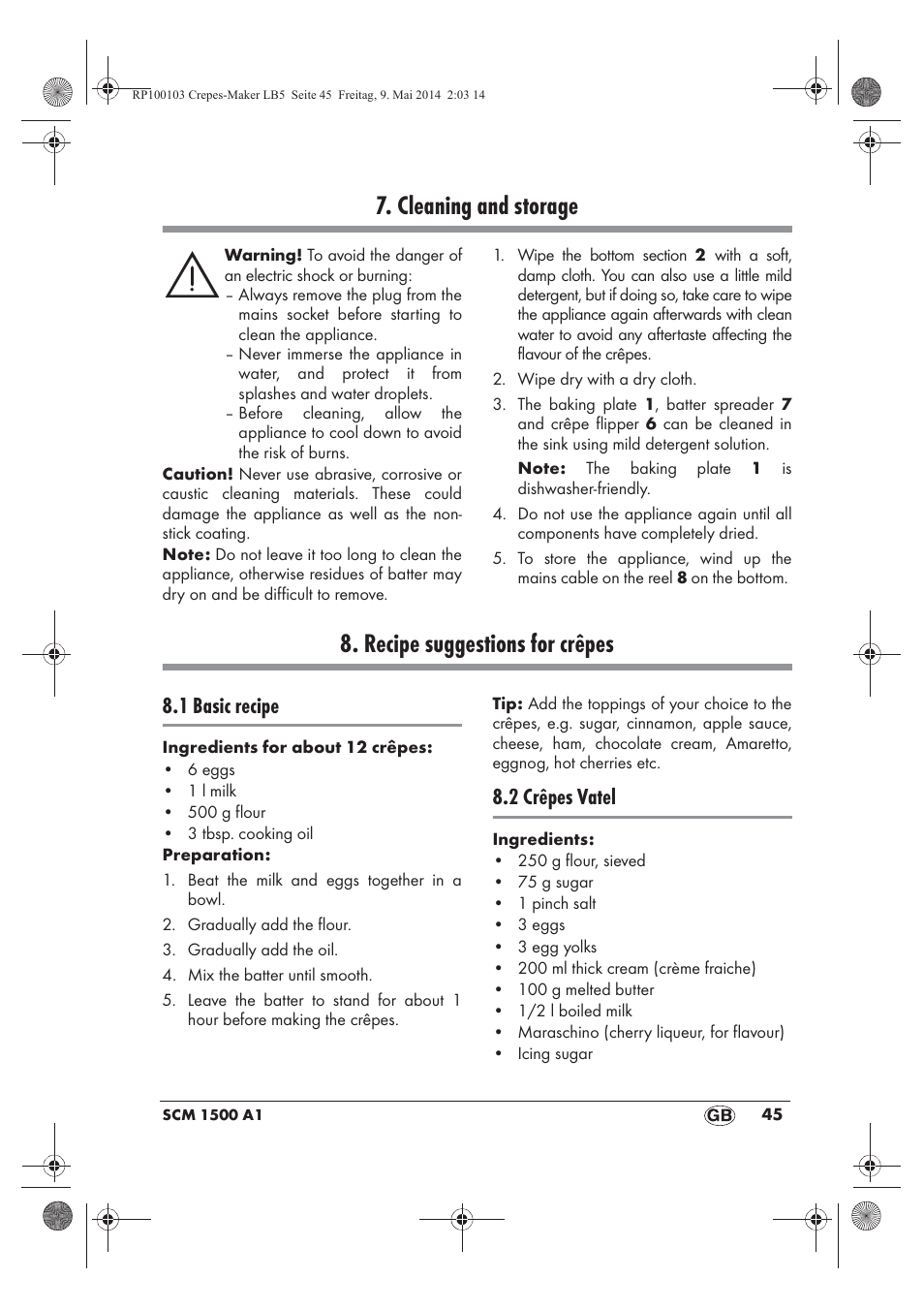 Cleaning and storage, Recipe suggestions for crêpes, 1 basic recipe | 2 crêpes vatel | Silvercrest SCM 1500 A1 User Manual | Page 47 / 66