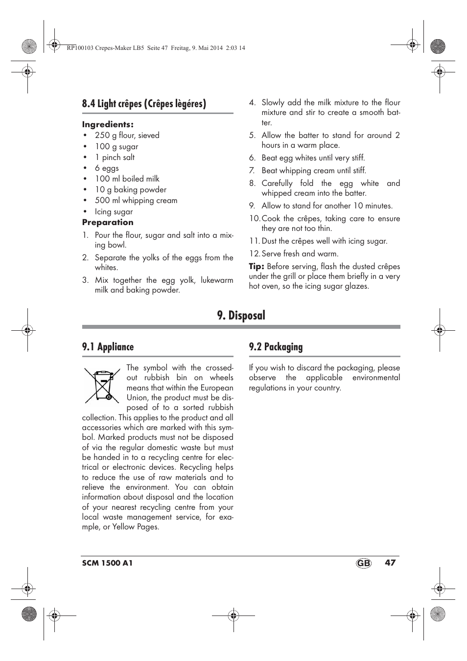 Disposal, 4 light crêpes (crêpes lègéres), 1 appliance | 2 packaging | Silvercrest SCM 1500 A1 User Manual | Page 49 / 66