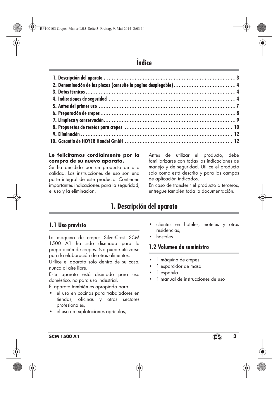 Índice, Descripción del aparato, 1 uso previsto | 2 volumen de suministro | Silvercrest SCM 1500 A1 User Manual | Page 5 / 66