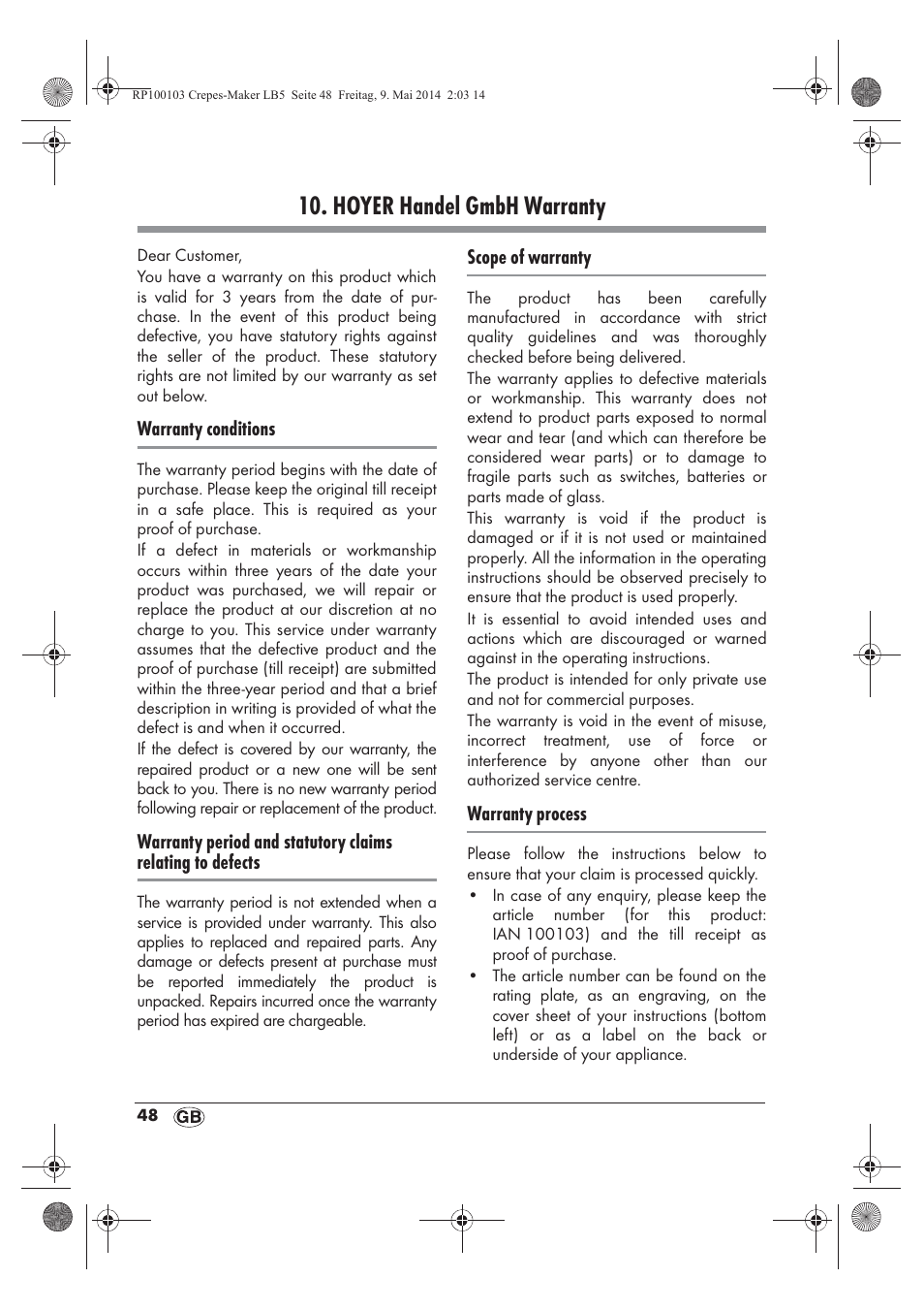 Hoyer handel gmbh warranty | Silvercrest SCM 1500 A1 User Manual | Page 50 / 66