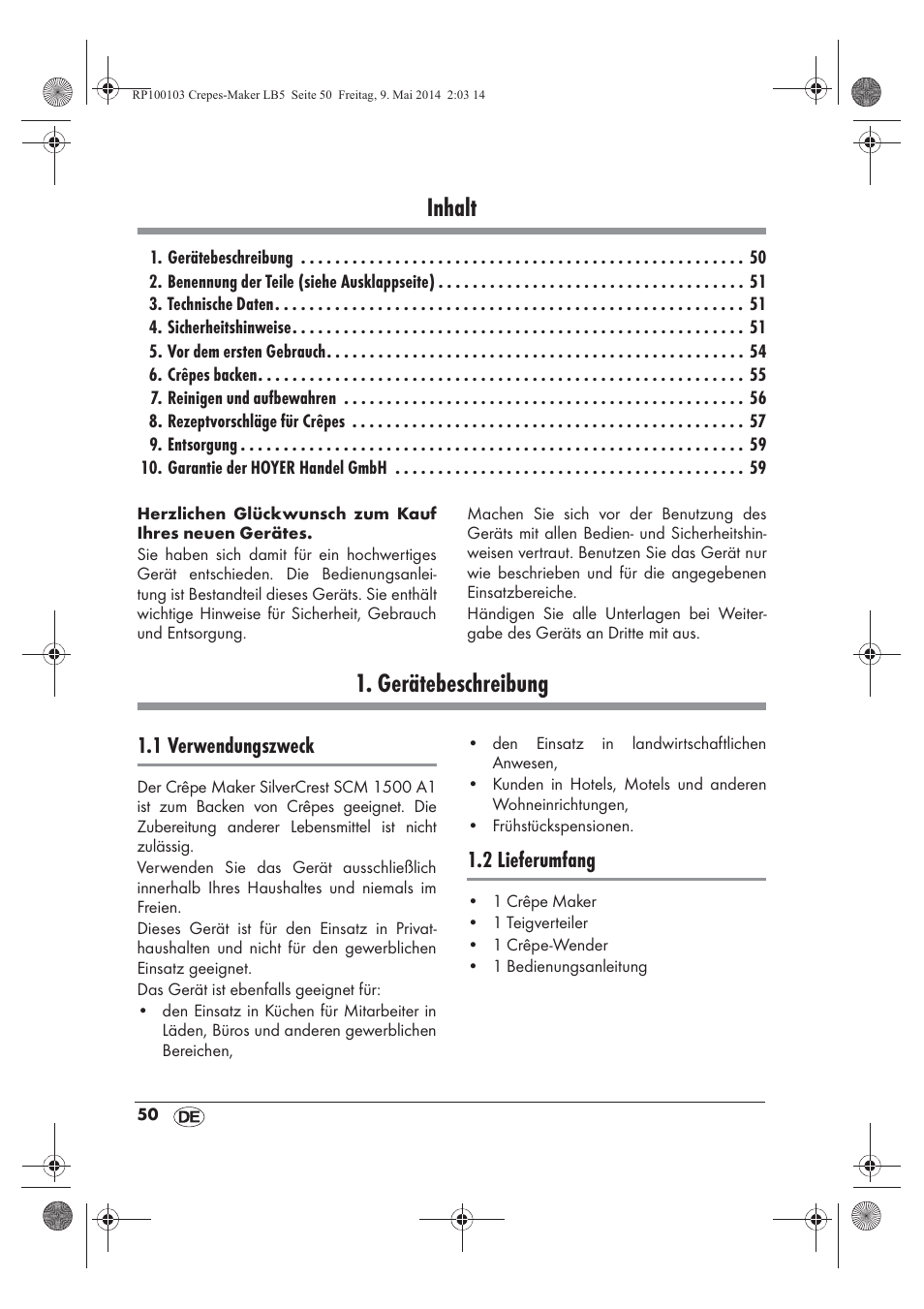 Inhalt, Gerätebeschreibung, 1 verwendungszweck | 2 lieferumfang | Silvercrest SCM 1500 A1 User Manual | Page 52 / 66