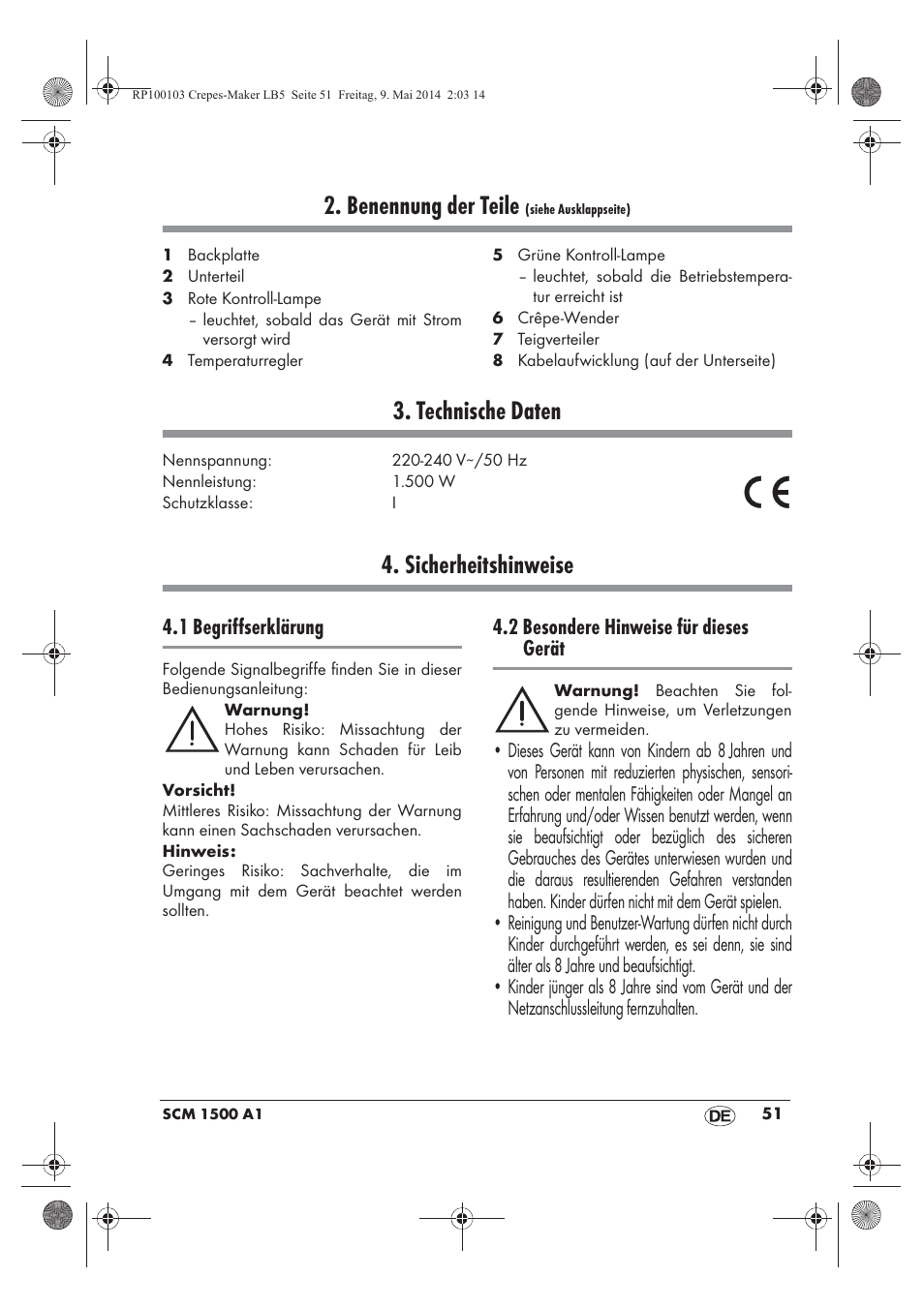 Benennung der teile, Technische daten, Sicherheitshinweise | 1 begriffserklärung, 2 besondere hinweise für dieses gerät | Silvercrest SCM 1500 A1 User Manual | Page 53 / 66