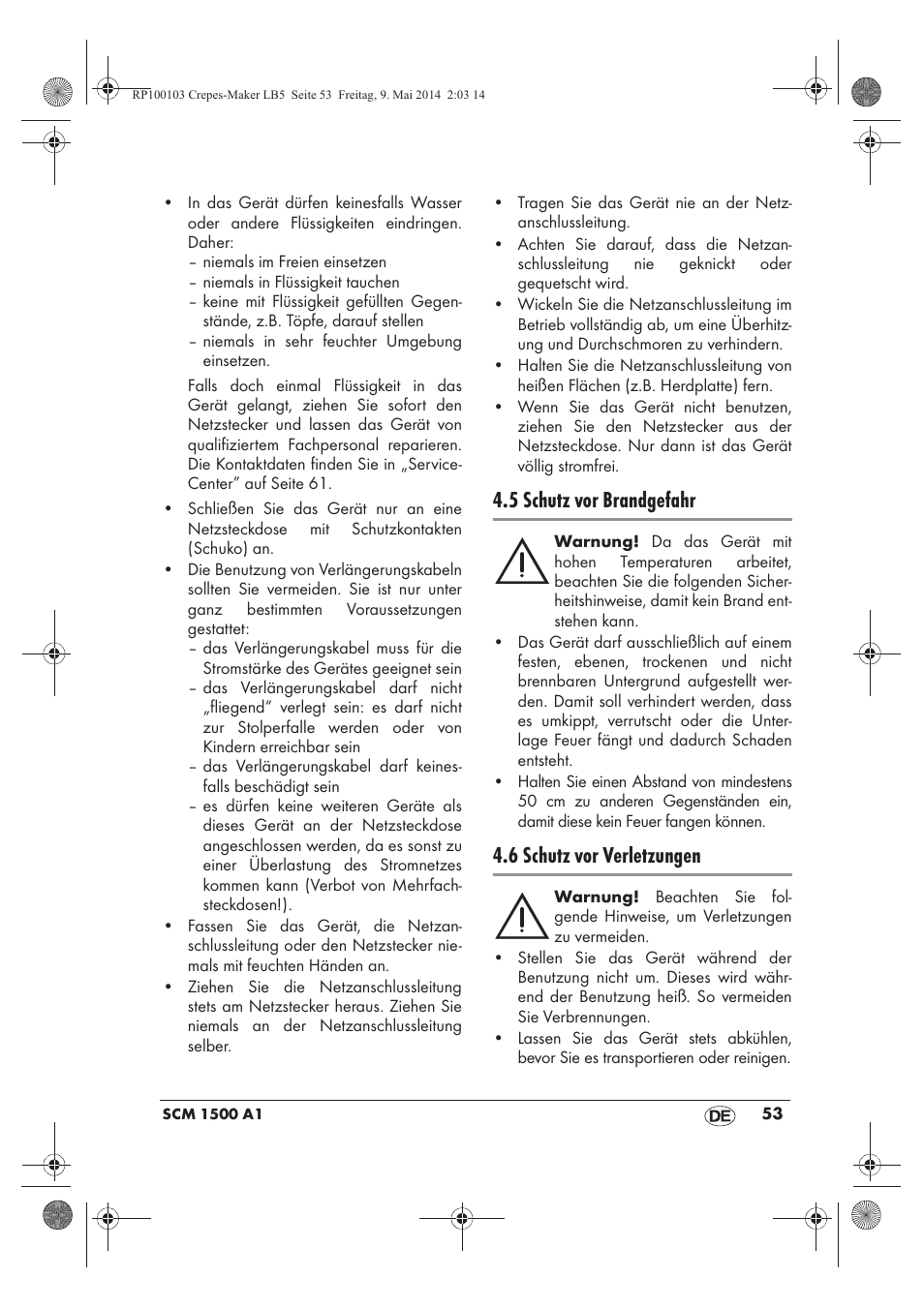 5 schutz vor brandgefahr, 6 schutz vor verletzungen | Silvercrest SCM 1500 A1 User Manual | Page 55 / 66
