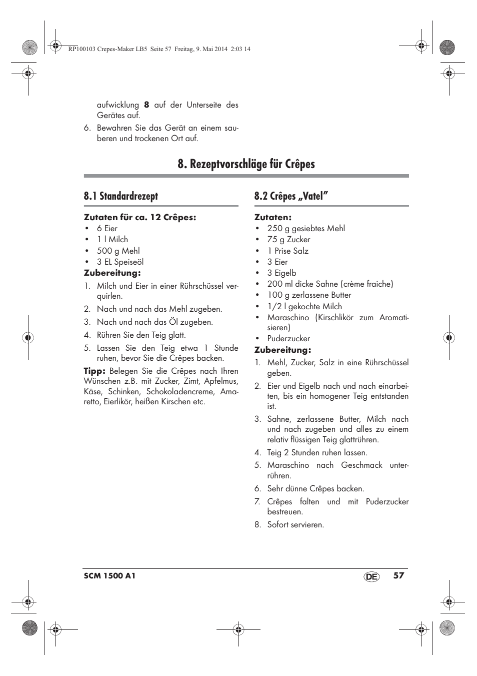 Rezeptvorschläge für crêpes, 1 standardrezept, 2 crêpes „vatel | Silvercrest SCM 1500 A1 User Manual | Page 59 / 66