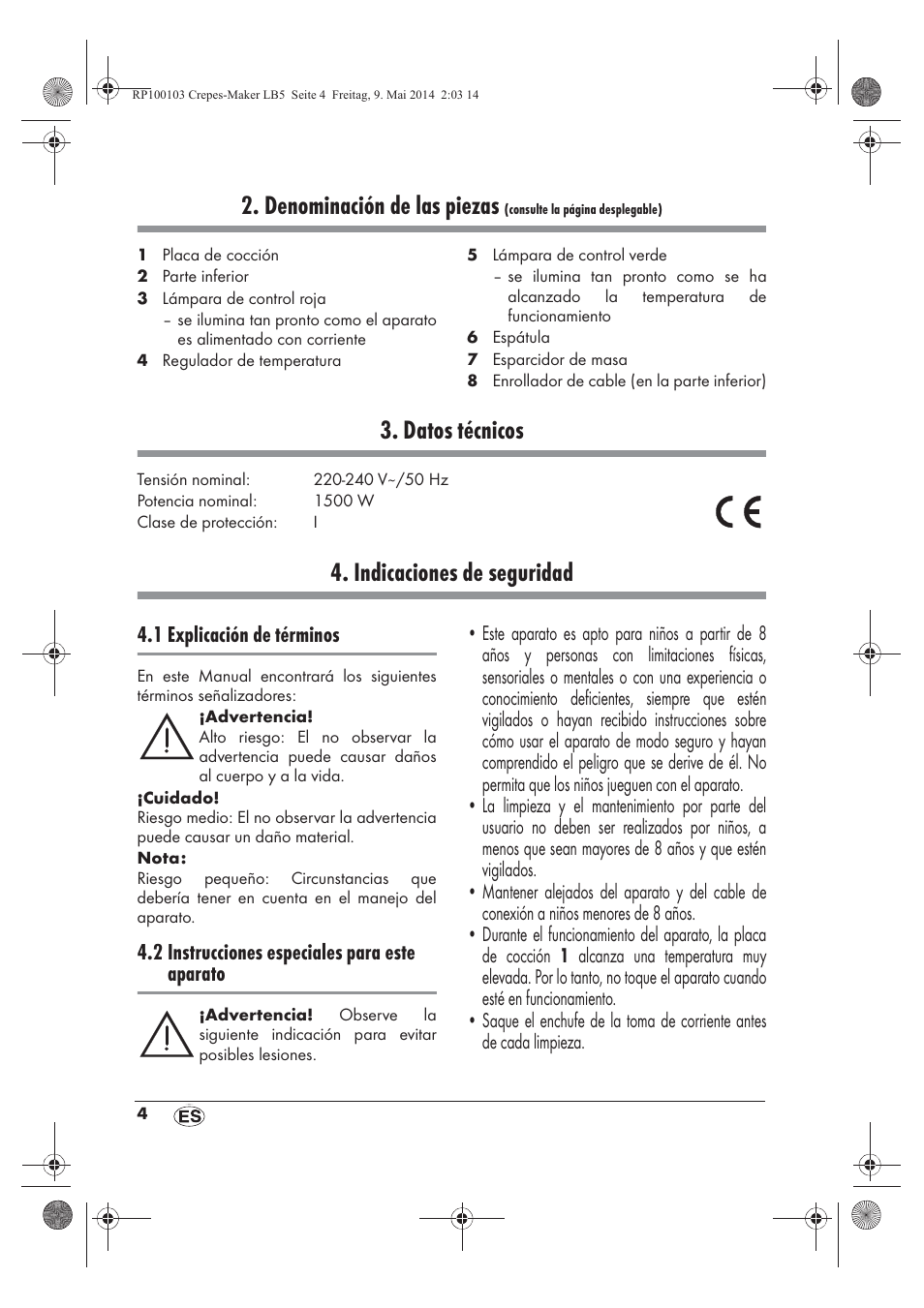 Denominación de las piezas, Datos técnicos, Indicaciones de seguridad | Silvercrest SCM 1500 A1 User Manual | Page 6 / 66