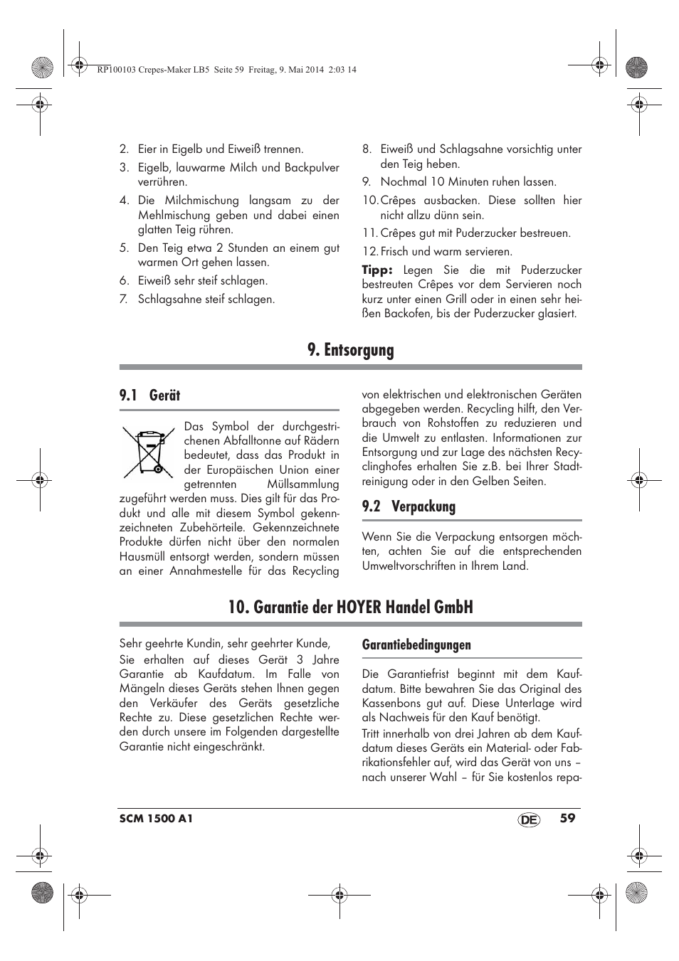 Entsorgung, Garantie der hoyer handel gmbh, 1 gerät | 2 verpackung | Silvercrest SCM 1500 A1 User Manual | Page 61 / 66