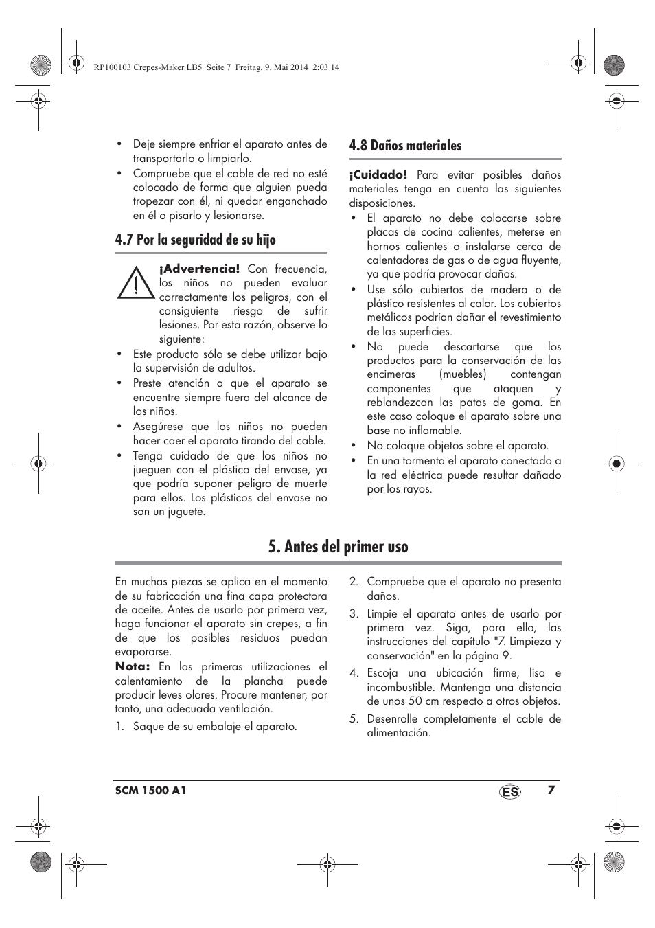 Antes del primer uso, 7 por la seguridad de su hijo, 8 daños materiales | Silvercrest SCM 1500 A1 User Manual | Page 9 / 66