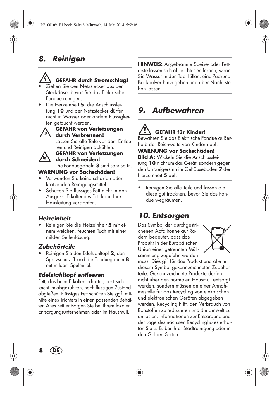 Reinigen, Aufbewahren, Entsorgen | Silvercrest SFE 1500 B2 User Manual | Page 10 / 46