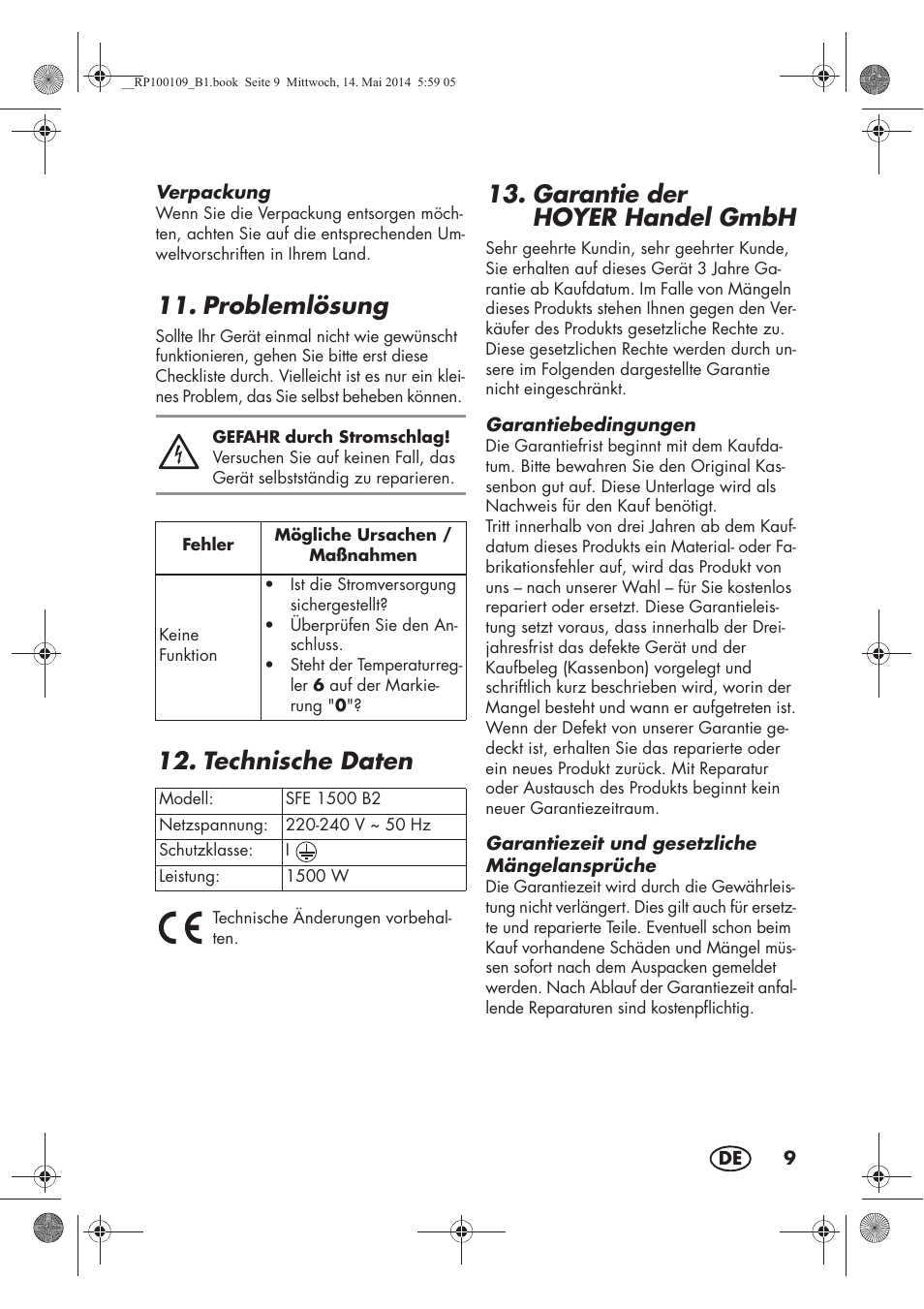 Problemlösung, Technische daten, Garantie der hoyerhandel gmbh | Silvercrest SFE 1500 B2 User Manual | Page 11 / 46