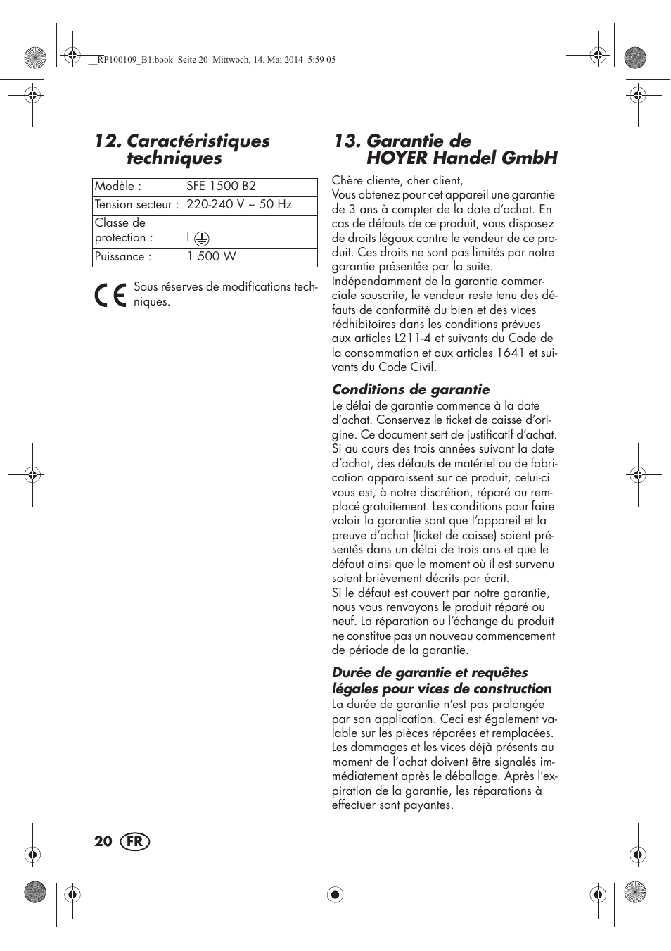 Caractéristiques techniques, Garantie de hoyer handel gmbh | Silvercrest SFE 1500 B2 User Manual | Page 22 / 46