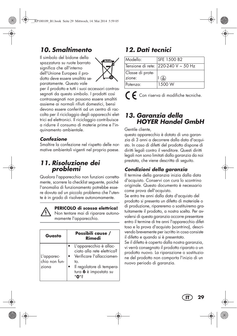 Smaltimento, Risoluzione dei problemi, Dati tecnici | Garanzia della hoyer handel gmbh | Silvercrest SFE 1500 B2 User Manual | Page 31 / 46