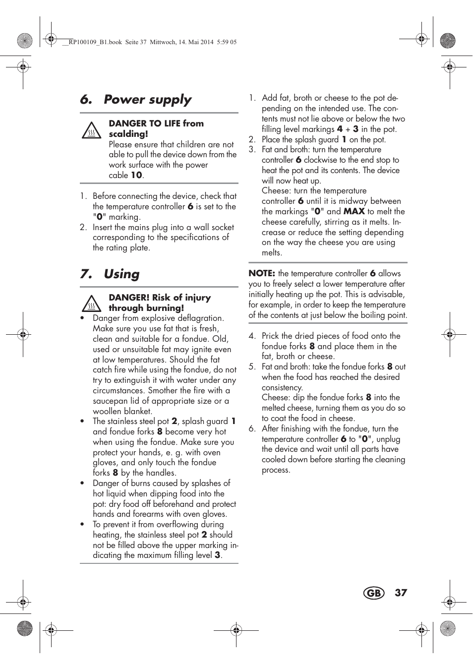 Power supply, Using | Silvercrest SFE 1500 B2 User Manual | Page 39 / 46