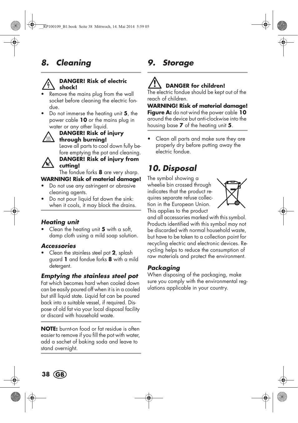 Cleaning, Storage, Disposal | Silvercrest SFE 1500 B2 User Manual | Page 40 / 46