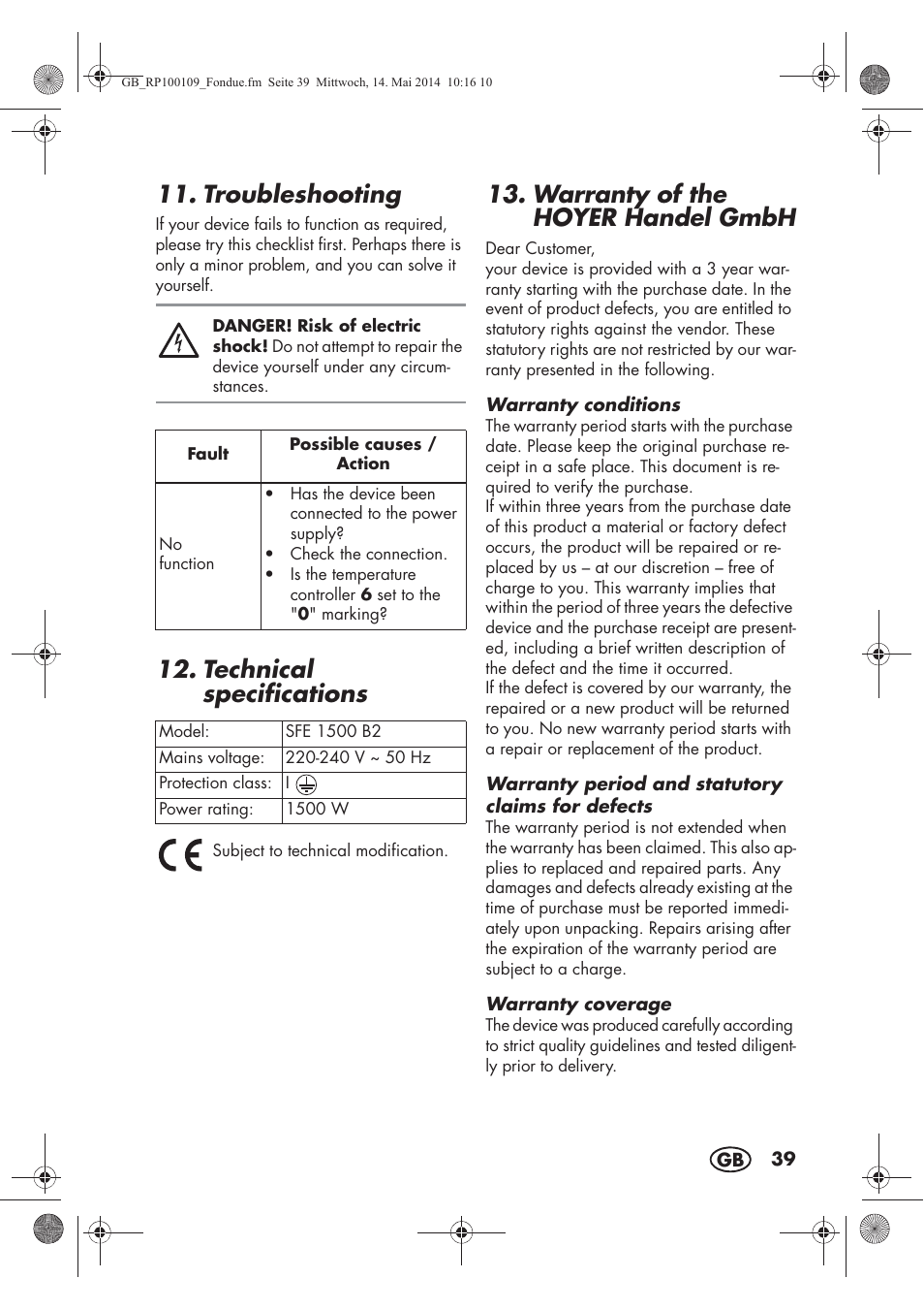 Troubleshooting, Technical specifications, Warranty of the hoyer handel gmbh | Silvercrest SFE 1500 B2 User Manual | Page 41 / 46