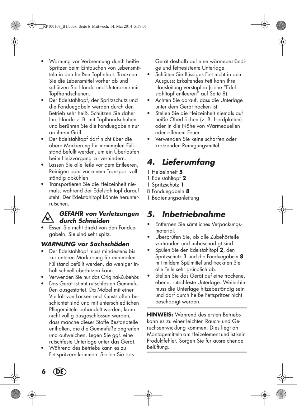 Lieferumfang, Inbetriebnahme | Silvercrest SFE 1500 B2 User Manual | Page 8 / 46