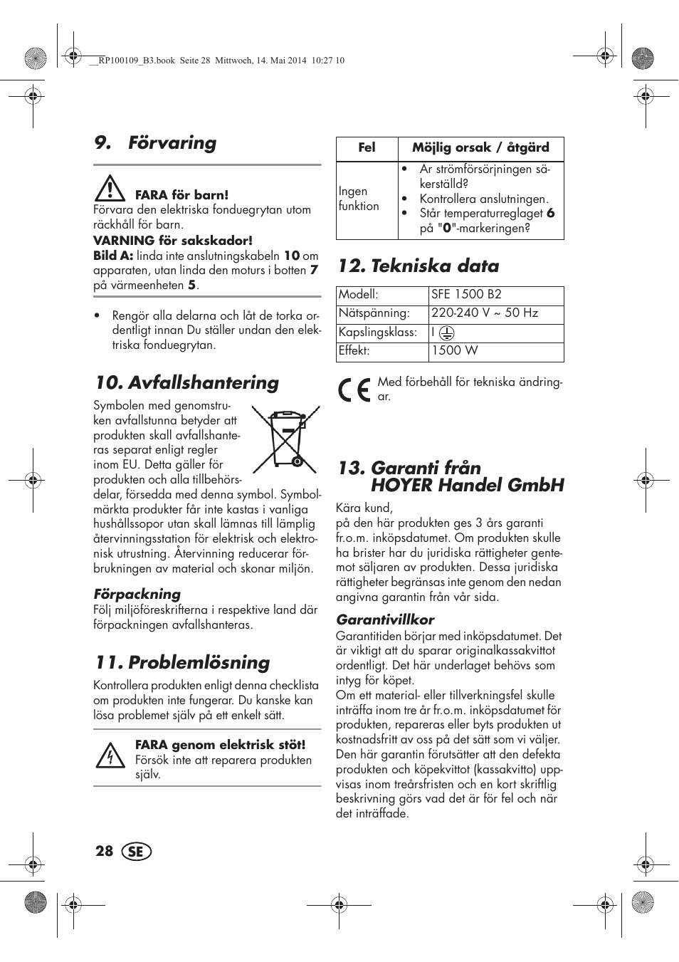 Förvaring, Avfallshantering, Problemlösning | Tekniska data, Garanti från hoyer handel gmbh | Silvercrest SFE 1500 B2 User Manual | Page 30 / 74