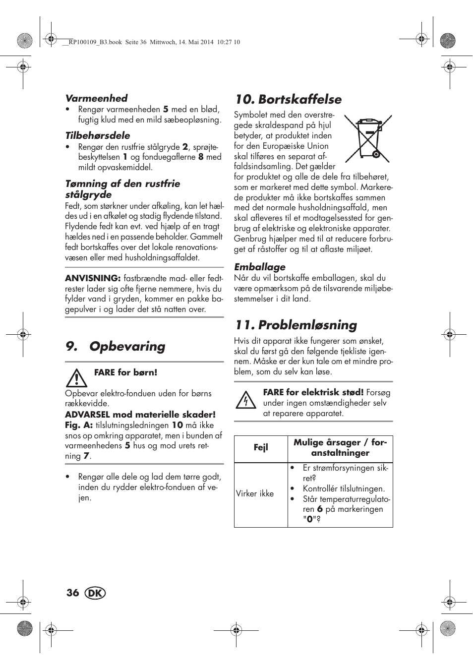 Opbevaring, Bortskaffelse, Problemløsning | Silvercrest SFE 1500 B2 User Manual | Page 38 / 74