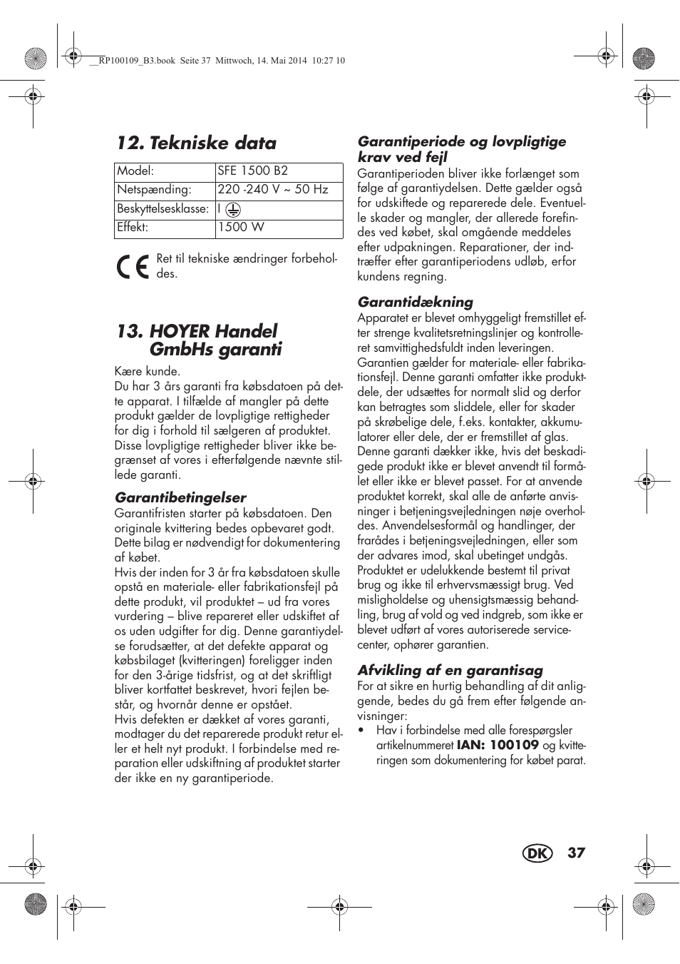Tekniske data, Hoyer handel gmbhs garanti | Silvercrest SFE 1500 B2 User Manual | Page 39 / 74