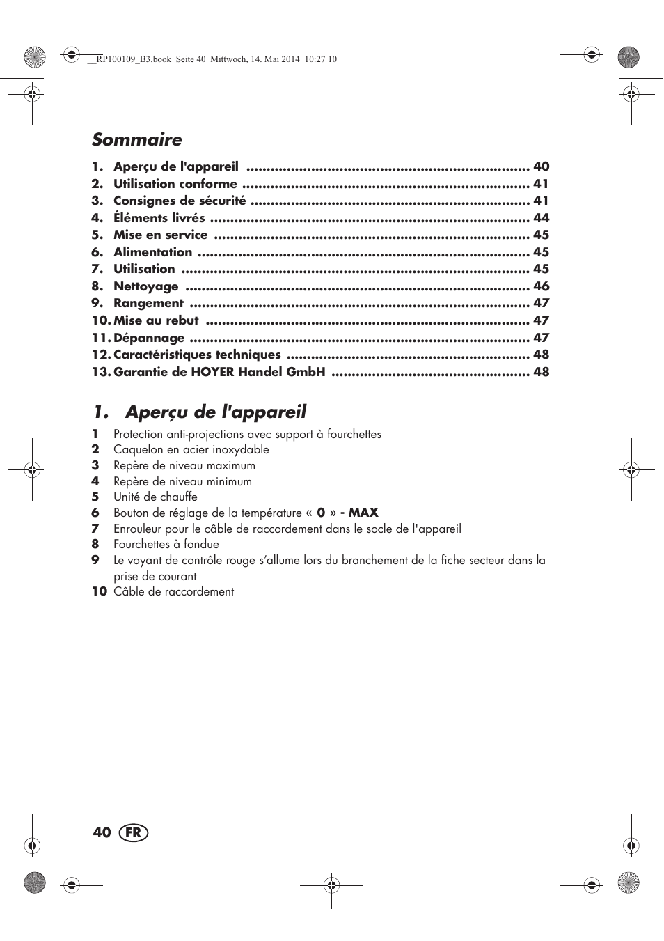 Sommaire, Aperçu de l'appareil | Silvercrest SFE 1500 B2 User Manual | Page 42 / 74