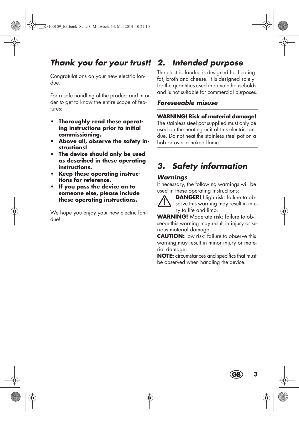 Intended purpose, Safety information | Silvercrest SFE 1500 B2 User Manual | Page 5 / 74