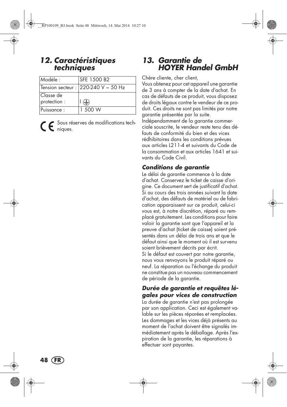 Caractéristiques techniques, Garantie de hoyer handel gmbh | Silvercrest SFE 1500 B2 User Manual | Page 50 / 74