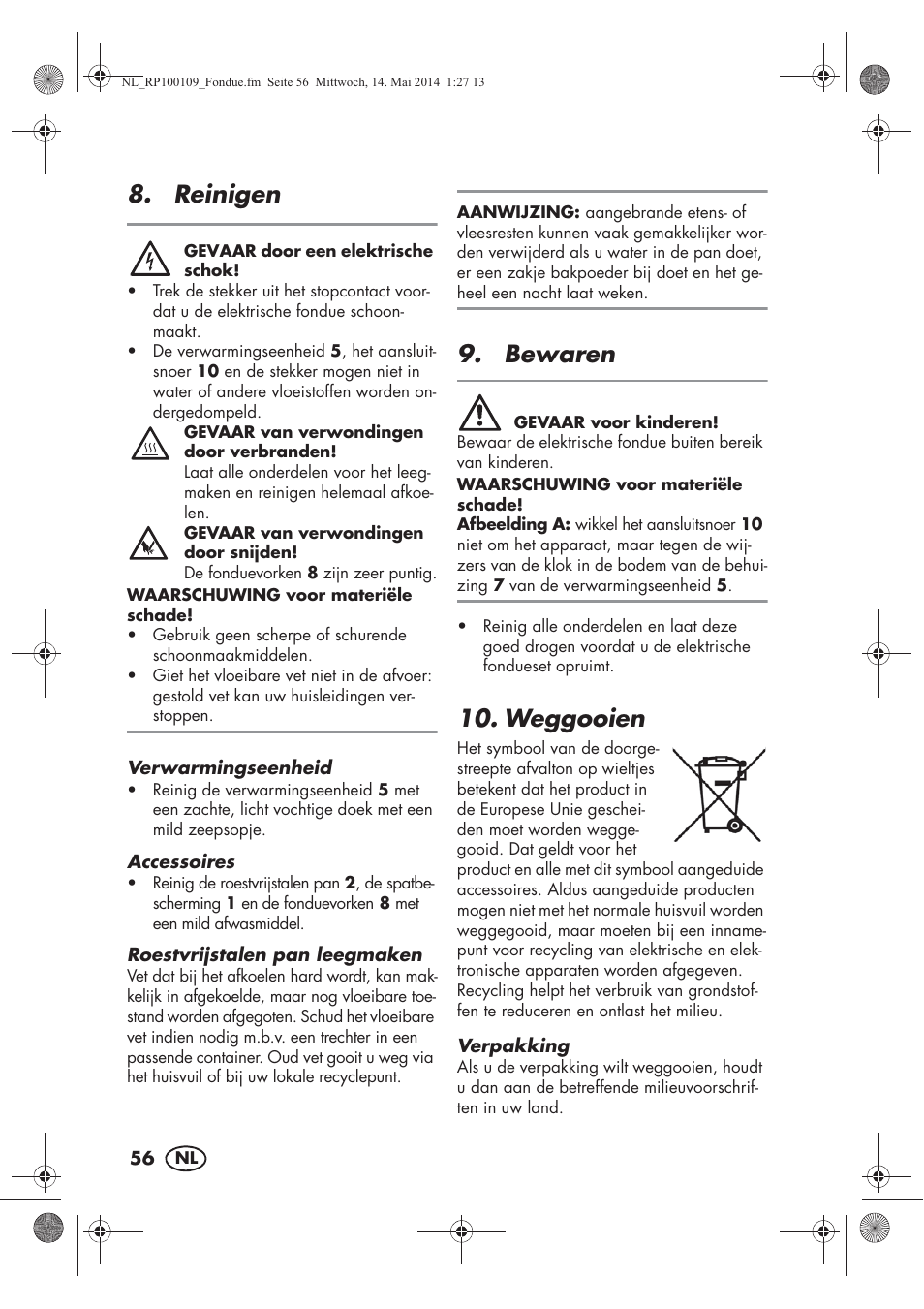 Reinigen, Bewaren, Weggooien | Silvercrest SFE 1500 B2 User Manual | Page 58 / 74