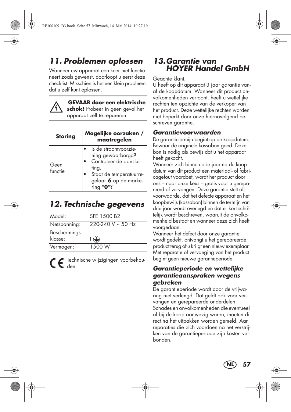 Problemen oplossen, Technische gegevens, Garantie van hoyerhandel gmbh | Silvercrest SFE 1500 B2 User Manual | Page 59 / 74