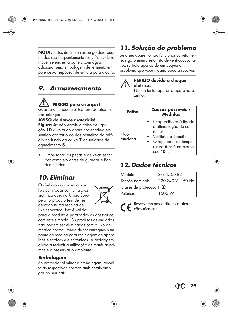 Armazenamento, Eliminar, Solução do problema | Dados técnicos | Silvercrest SFE 1500 B2 User Manual | Page 31 / 54