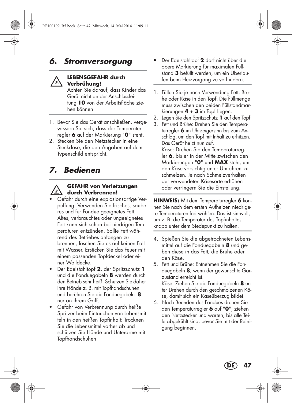 Stromversorgung, Bedienen | Silvercrest SFE 1500 B2 User Manual | Page 49 / 54