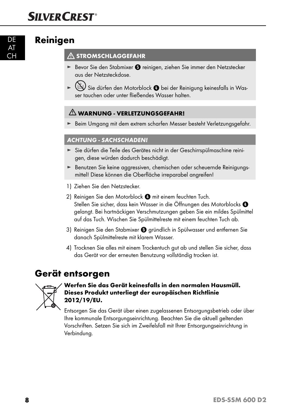 Reinigen, Gerät entsorgen, De at ch | Silvercrest EDS - SSM 600 D2 User Manual | Page 11 / 59