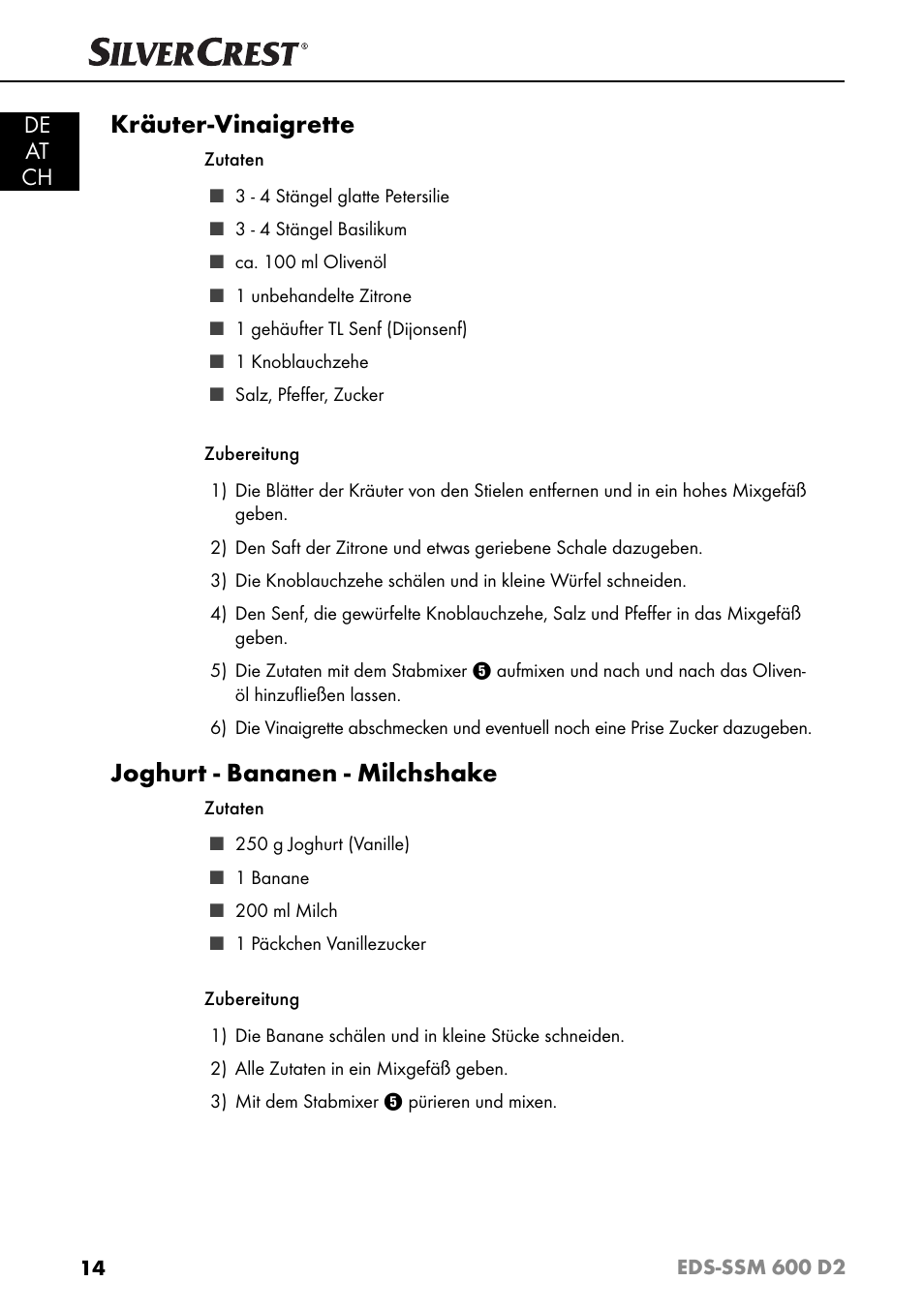 Kräuter-vinaigrette, Joghurt - bananen - milchshake, De at ch | Silvercrest EDS - SSM 600 D2 User Manual | Page 17 / 59