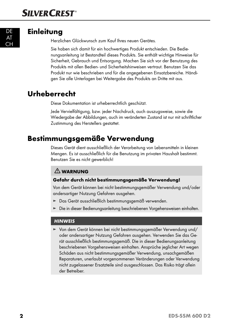 Einleitung, Urheberrecht, Bestimmungsgemäße verwendung | De at ch | Silvercrest EDS - SSM 600 D2 User Manual | Page 5 / 59