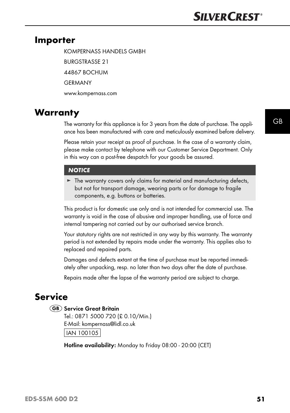 Importer, Warranty, Service | Silvercrest EDS - SSM 600 D2 User Manual | Page 54 / 59