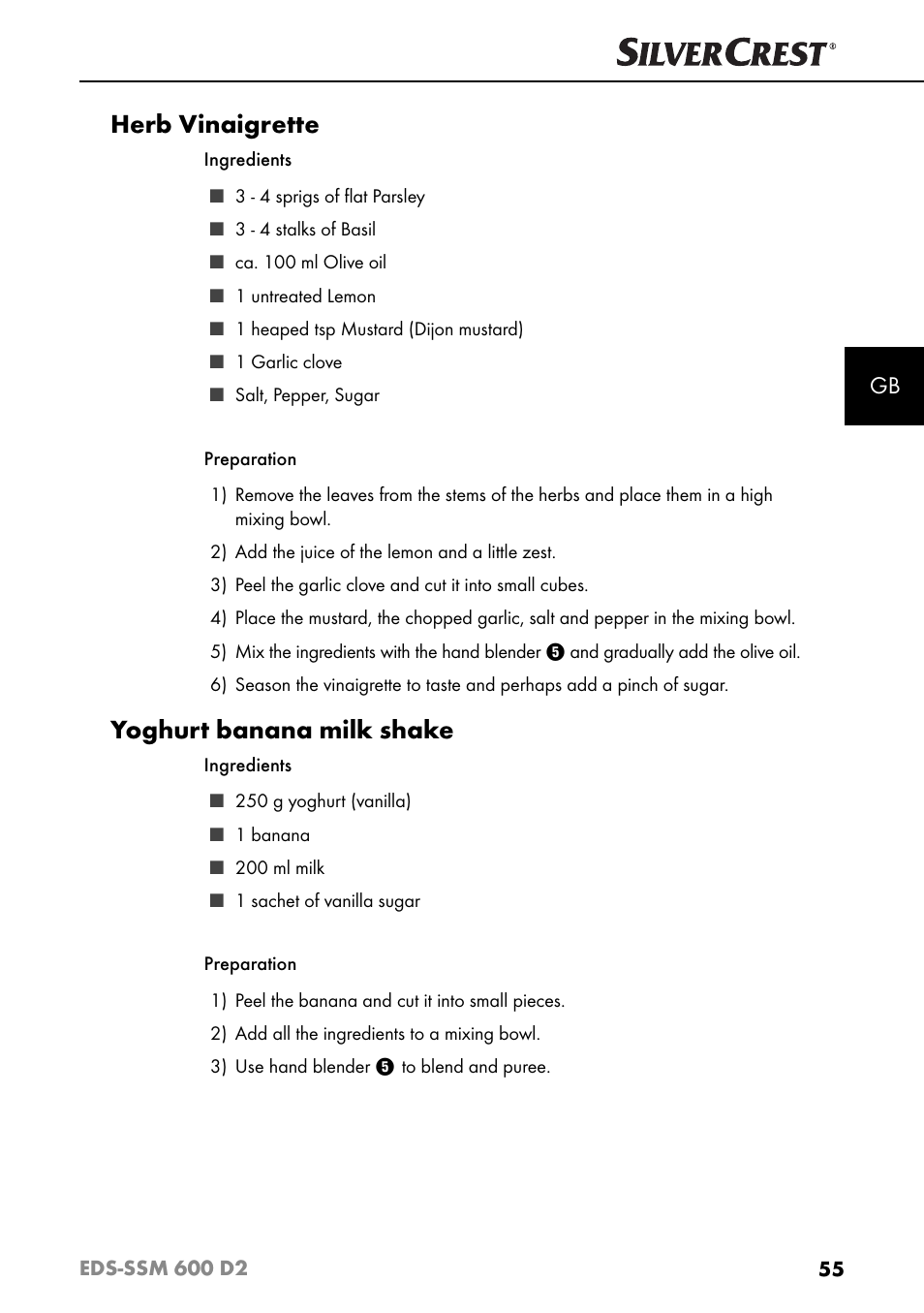 Herb vinaigrette, Yoghurt banana milk shake | Silvercrest EDS - SSM 600 D2 User Manual | Page 58 / 59