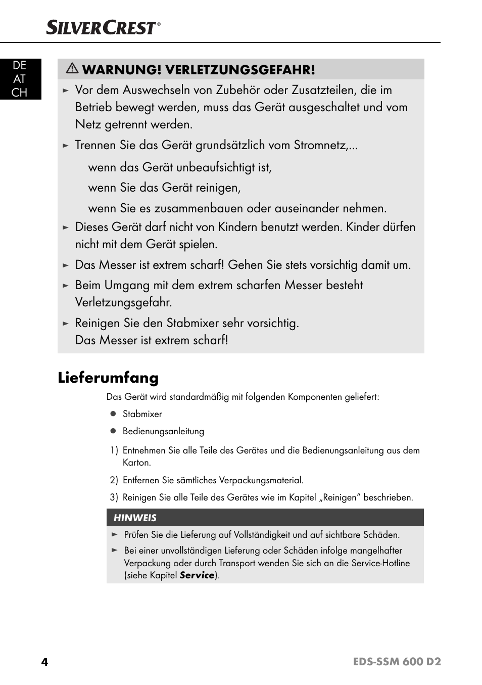 Lieferumfang, Warnung! verletzungsgefahr, Trennen sie das gerät grundsätzlich vom stromnetz | Wenn das gerät unbeaufsichtigt ist, Wenn sie das gerät reinigen, Wenn sie es zusammenbauen oder auseinander nehmen | Silvercrest EDS - SSM 600 D2 User Manual | Page 7 / 59