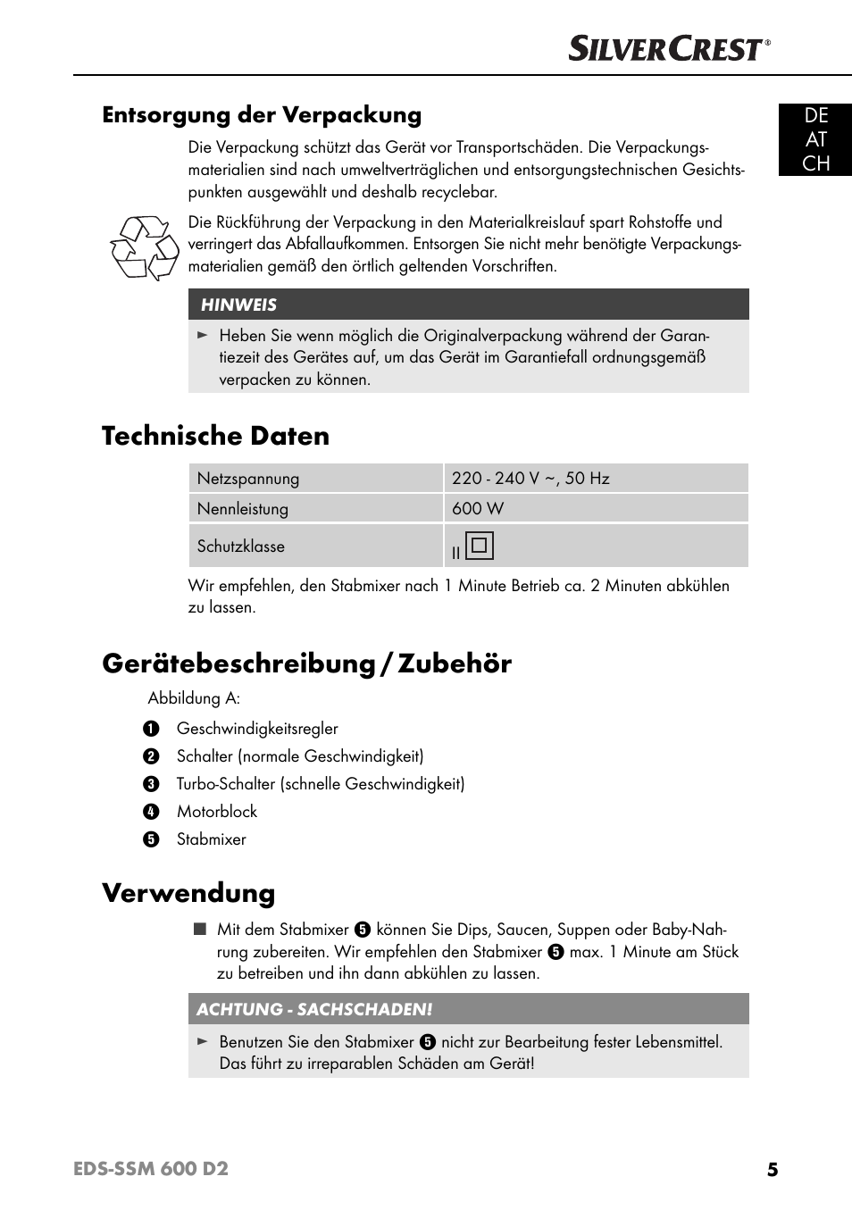 Technische daten, Gerätebeschreibung / zubehör, Verwendung | Entsorgung der verpackung, De at ch | Silvercrest EDS - SSM 600 D2 User Manual | Page 8 / 59