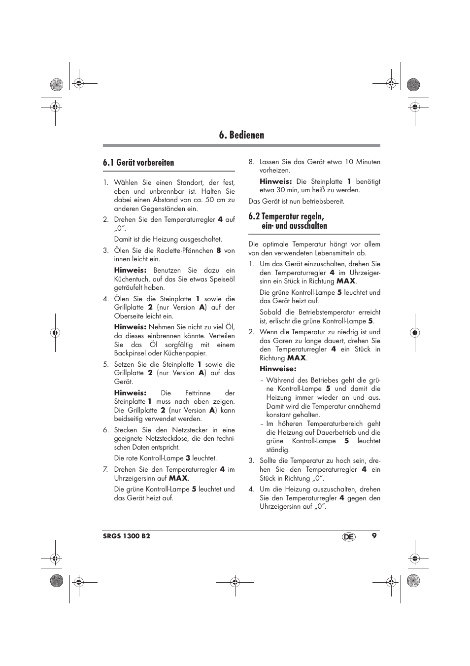 Bedienen, 1 gerät vorbereiten, 2 temperatur regeln, ein- und ausschalten | Silvercrest SRGS 1300 B2 User Manual | Page 11 / 54