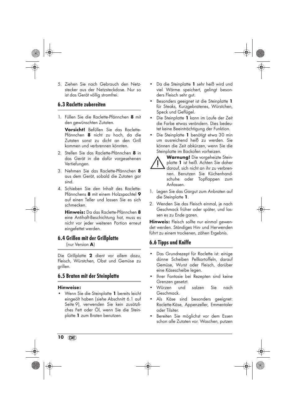 3 raclette zubereiten, 4 grillen mit der grillplatte, 5 braten mit der steinplatte | 6 tipps und kniffe | Silvercrest SRGS 1300 B2 User Manual | Page 12 / 54
