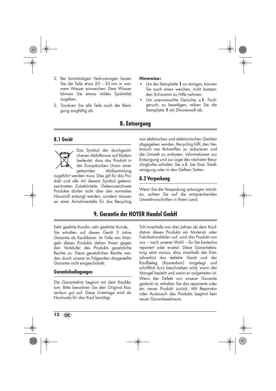 Entsorgung, Garantie der hoyer handel gmbh, 1 gerät | 2 verpackung | Silvercrest SRGS 1300 B2 User Manual | Page 14 / 54