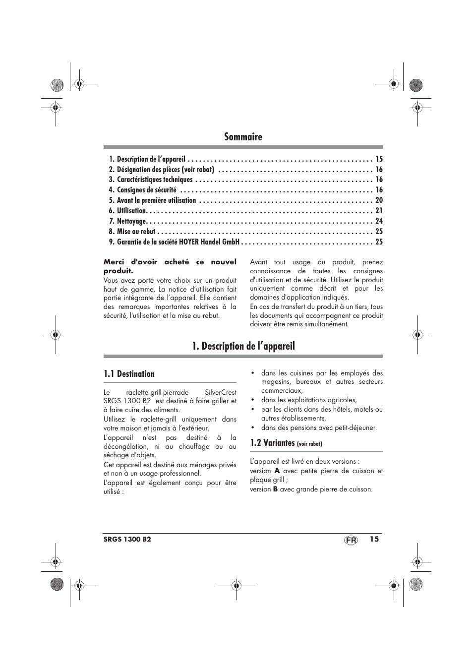 Sommaire, Description de l’appareil, 1 destination | 2 variantes | Silvercrest SRGS 1300 B2 User Manual | Page 17 / 54