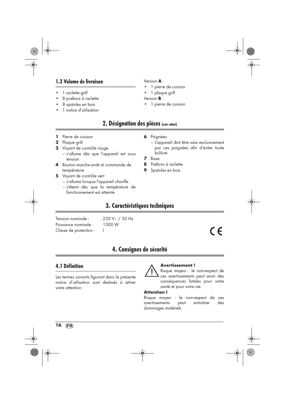 Désignation des pièces, Caractéristiques techniques, Consignes de sécurité | 3 volume de livraison, 1 définition | Silvercrest SRGS 1300 B2 User Manual | Page 18 / 54