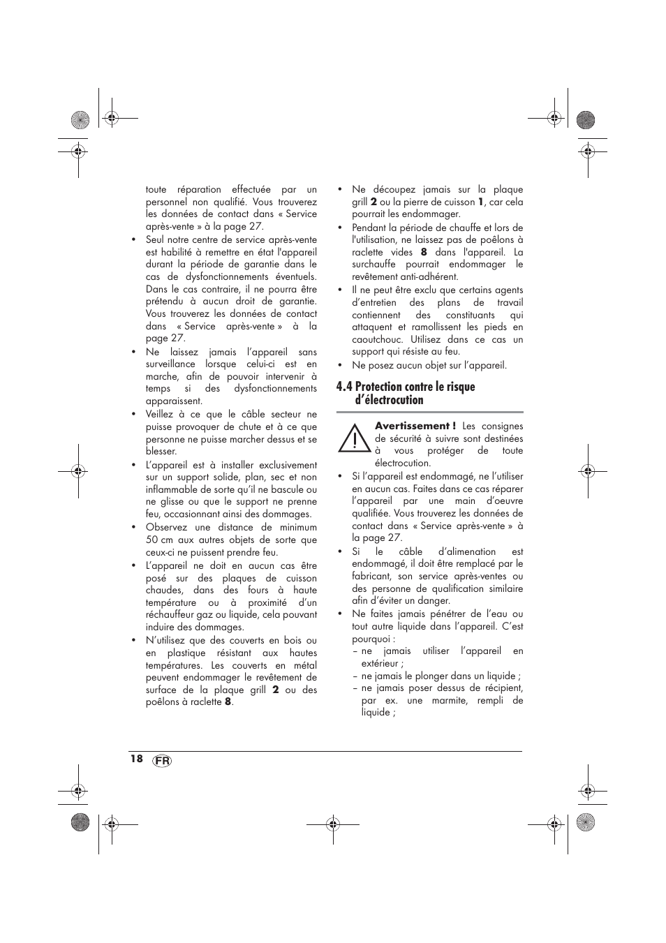 4 protection contre le risque d’électrocution | Silvercrest SRGS 1300 B2 User Manual | Page 20 / 54