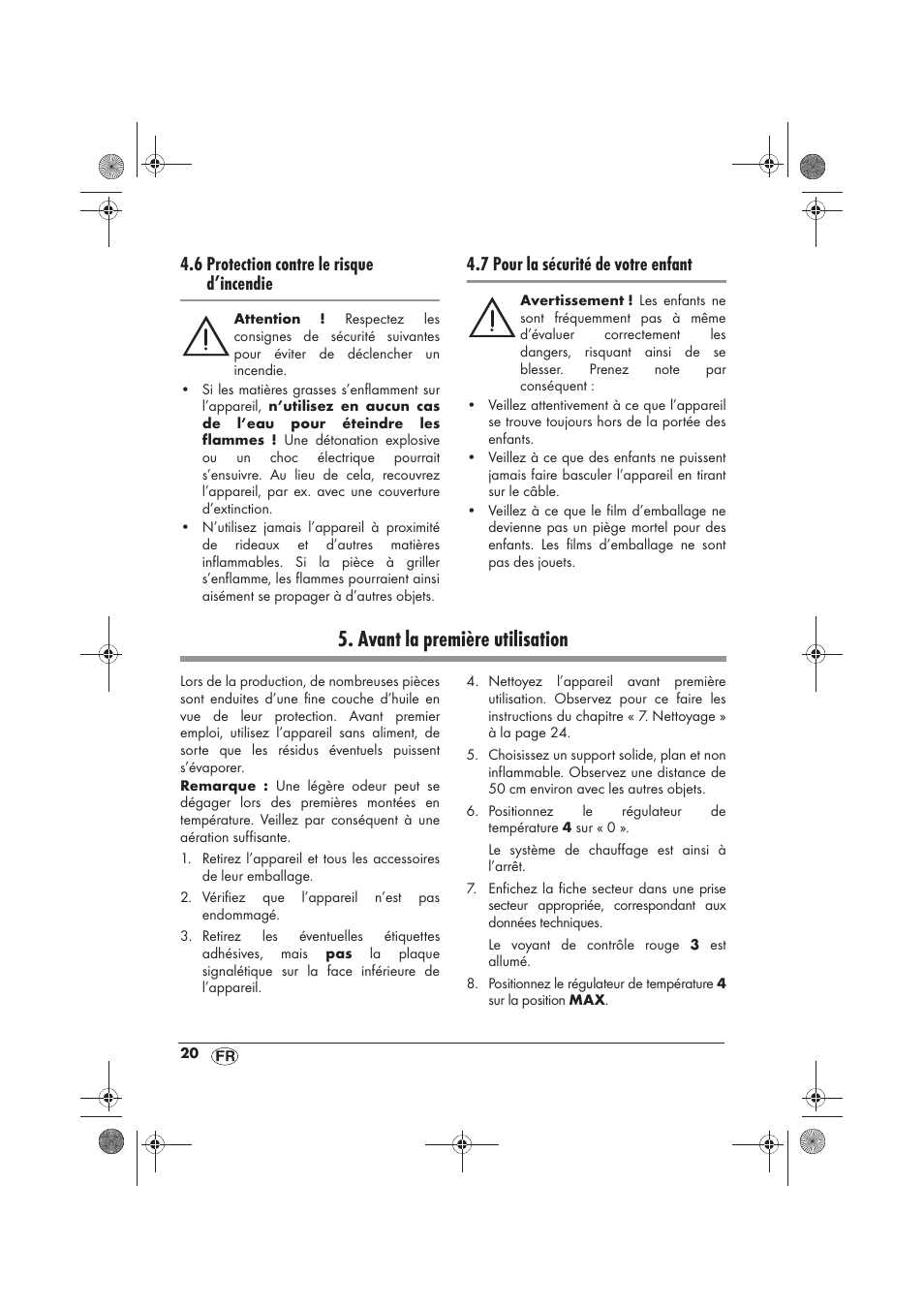 Avant la première utilisation, 6 protection contre le risque d’incendie, 7 pour la sécurité de votre enfant | Silvercrest SRGS 1300 B2 User Manual | Page 22 / 54