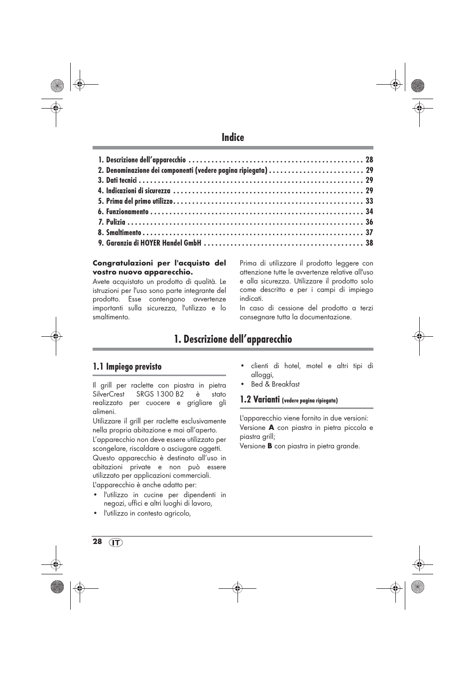 Indice, Descrizione dell’apparecchio, 1 impiego previsto | 2 varianti | Silvercrest SRGS 1300 B2 User Manual | Page 30 / 54