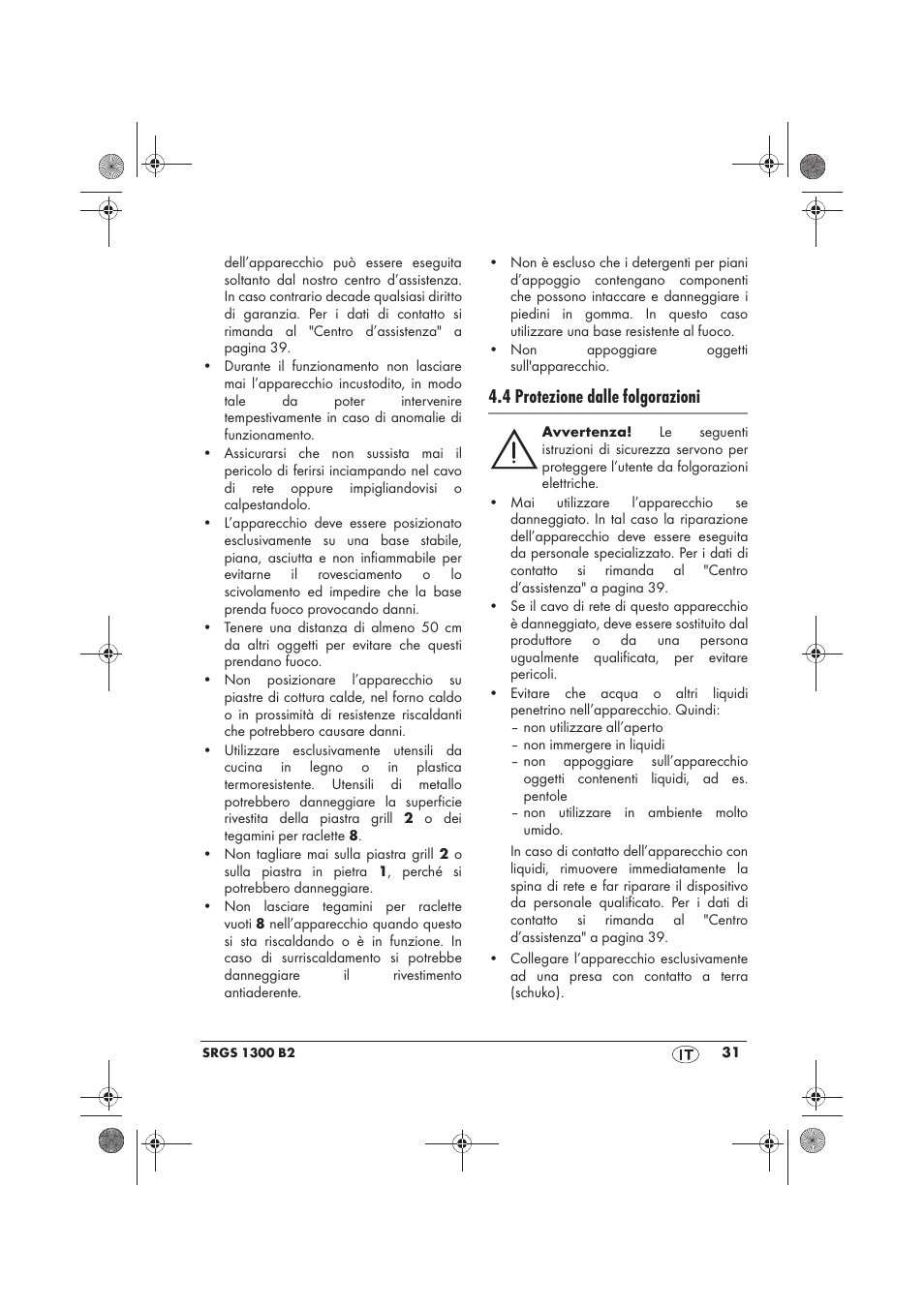 4 protezione dalle folgorazioni | Silvercrest SRGS 1300 B2 User Manual | Page 33 / 54