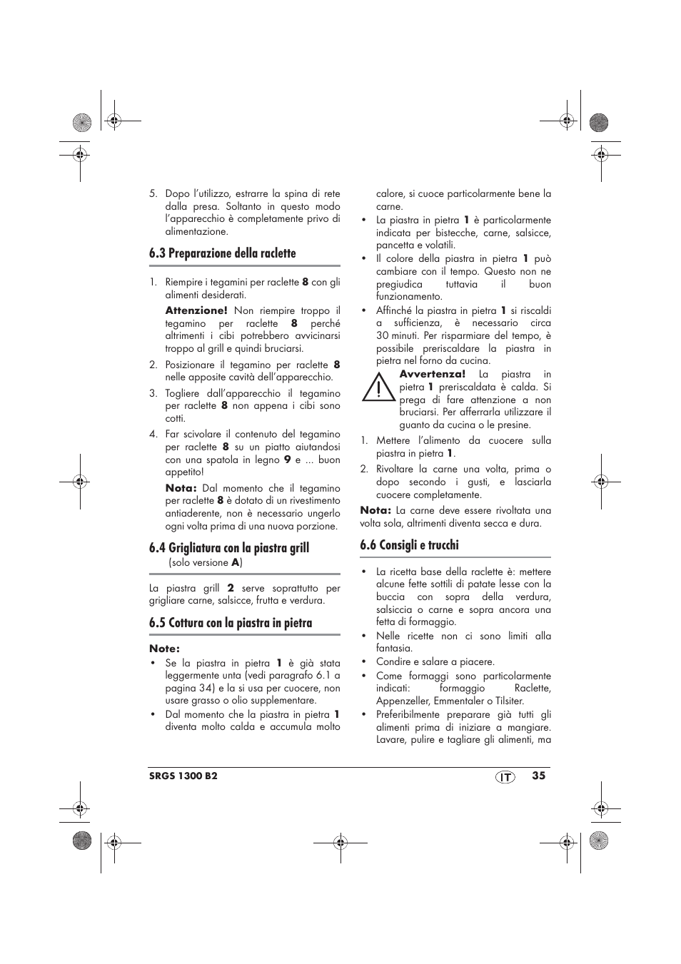 3 preparazione della raclette, 4 grigliatura con la piastra grill, 5 cottura con la piastra in pietra | 6 consigli e trucchi | Silvercrest SRGS 1300 B2 User Manual | Page 37 / 54