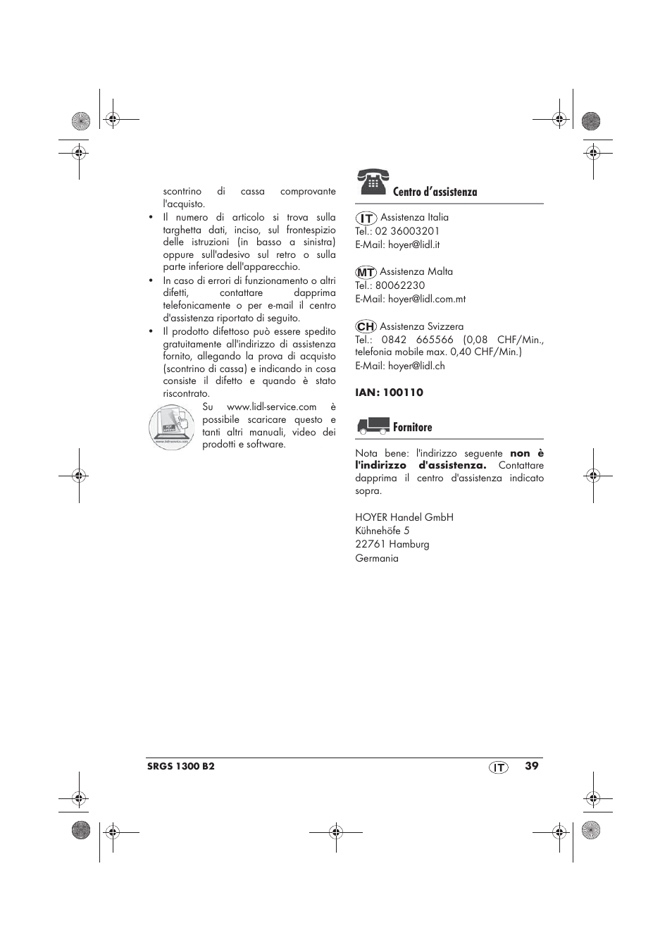 Centro d’assistenza, Fornitore | Silvercrest SRGS 1300 B2 User Manual | Page 41 / 54