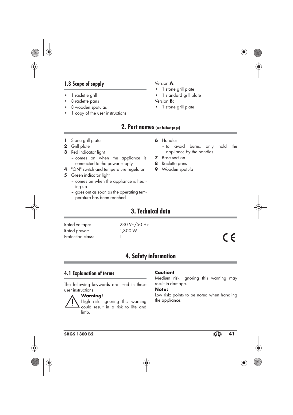 Part names, Technical data, Safety information | 3 scope of supply, 1 explanation of terms | Silvercrest SRGS 1300 B2 User Manual | Page 43 / 54