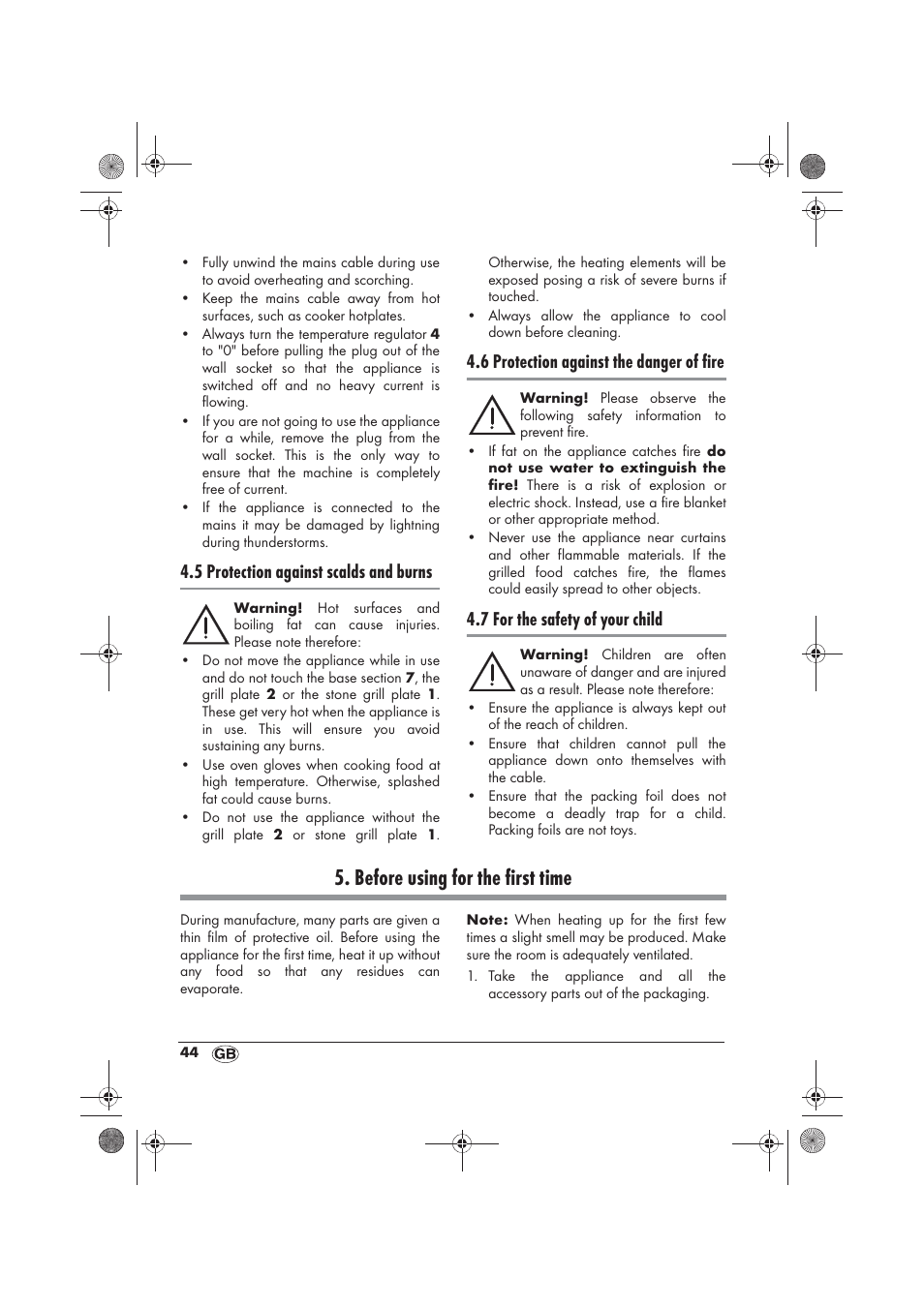 Before using for the first time, 5 protection against scalds and burns, 6 protection against the danger of fire | 7 for the safety of your child | Silvercrest SRGS 1300 B2 User Manual | Page 46 / 54